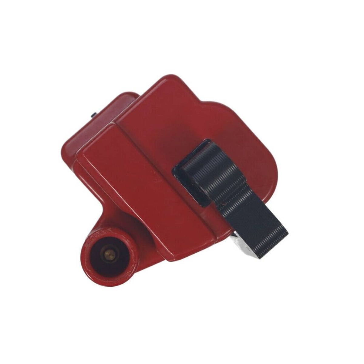 Red ignition coil module with black spark plug boot and mounting hole
