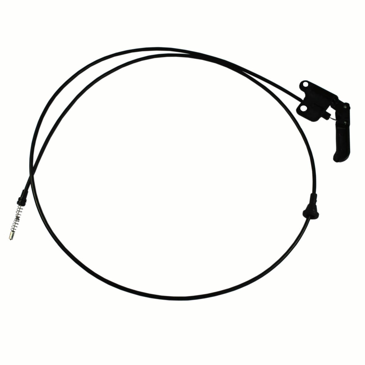 Hood release cable with black latch bracket and spring connector