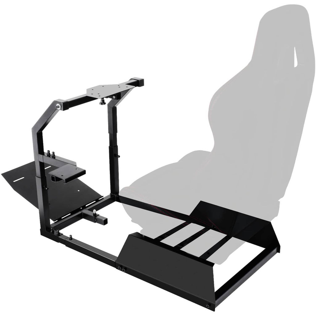 Racing simulator steering wheel stand with fixed seat and pedal platform, black steel frame