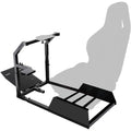 Racing simulator steering wheel stand with fixed seat and pedal platform, black steel frame