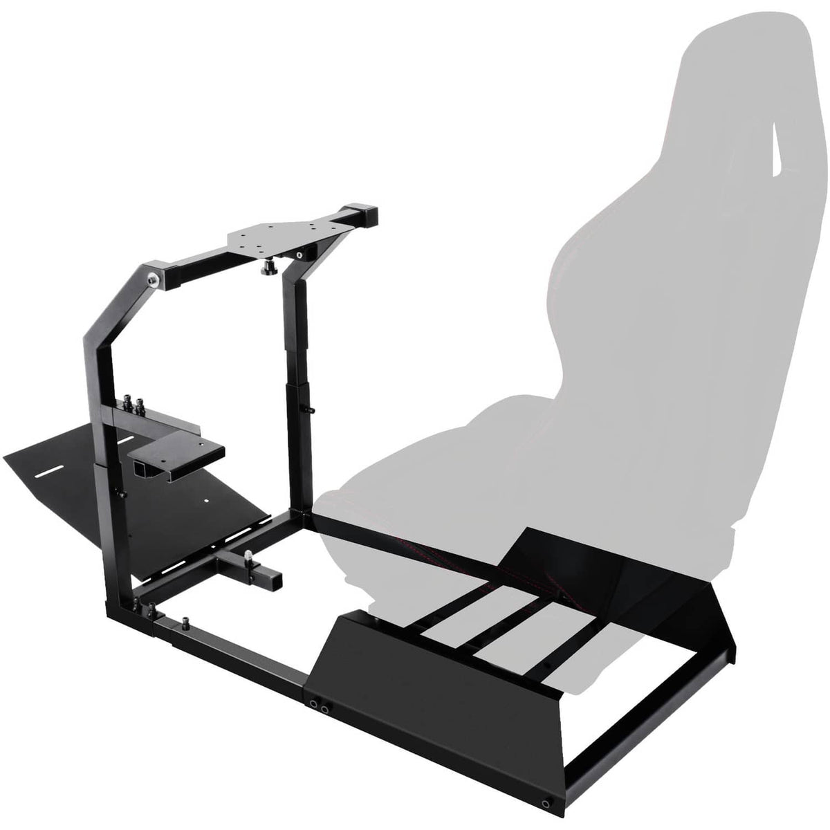 Racing simulator steering wheel stand with fixed seat and pedal platform, black steel frame