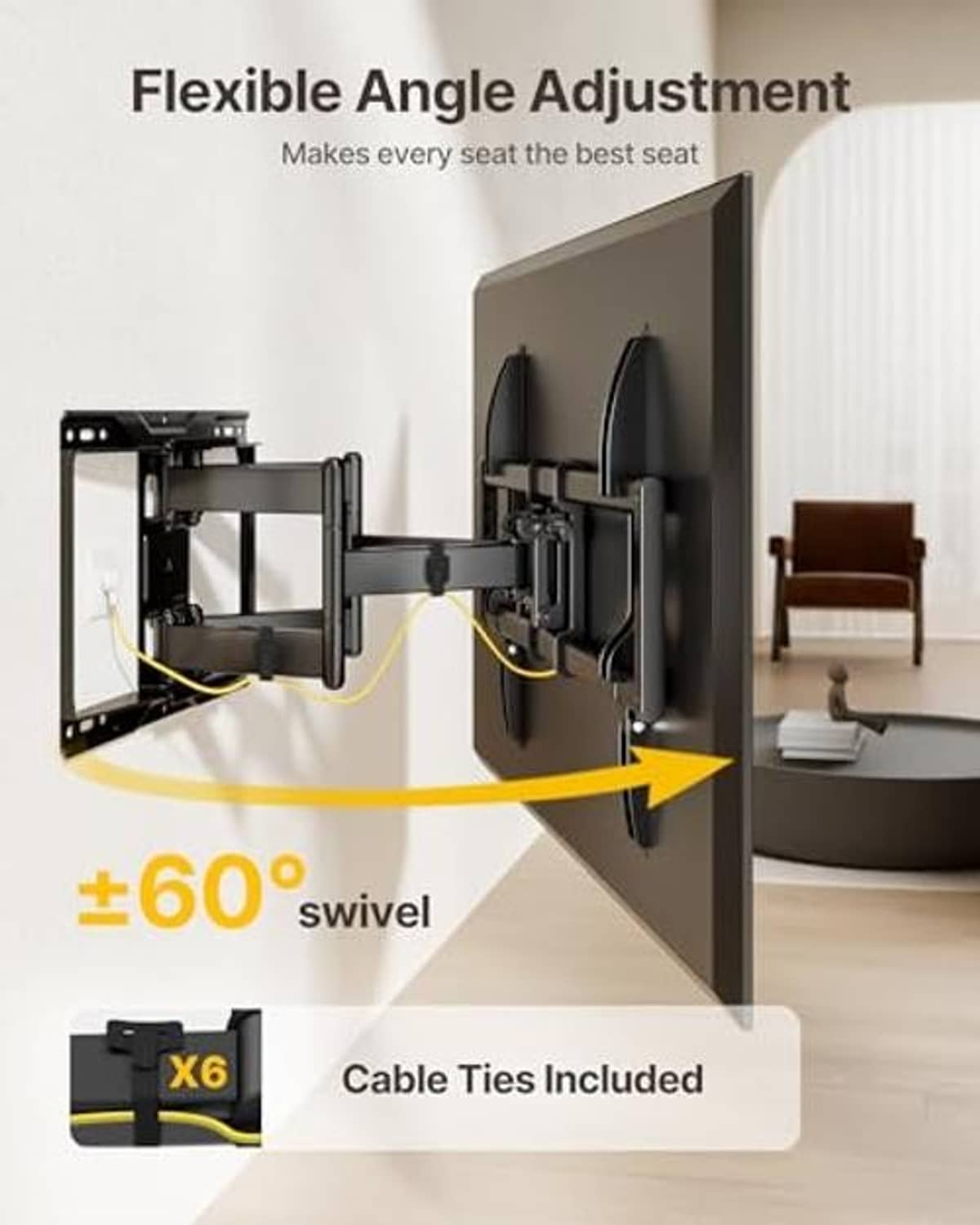 TV wall mount diagram with flexible angle adjustment, swivel motion, and cable ties