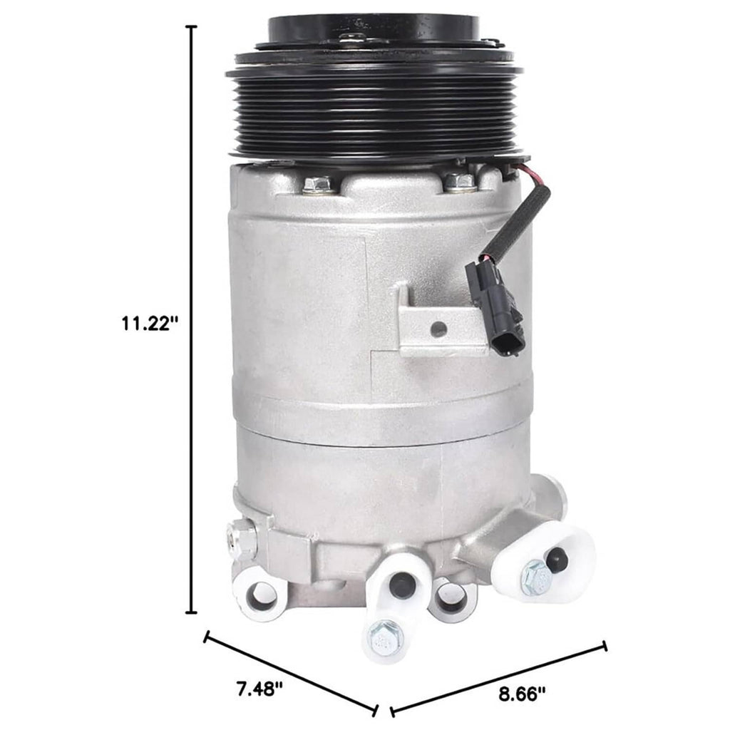 A/C compressor with ribbed black pulley, silver body, and mounting brackets with size marks