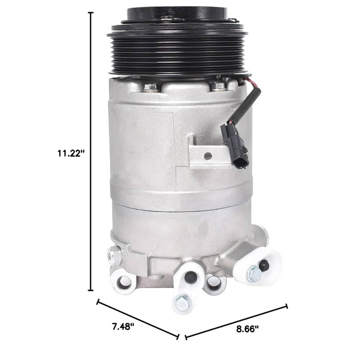 A/C compressor with ribbed black pulley, silver body, and mounting brackets with size marks