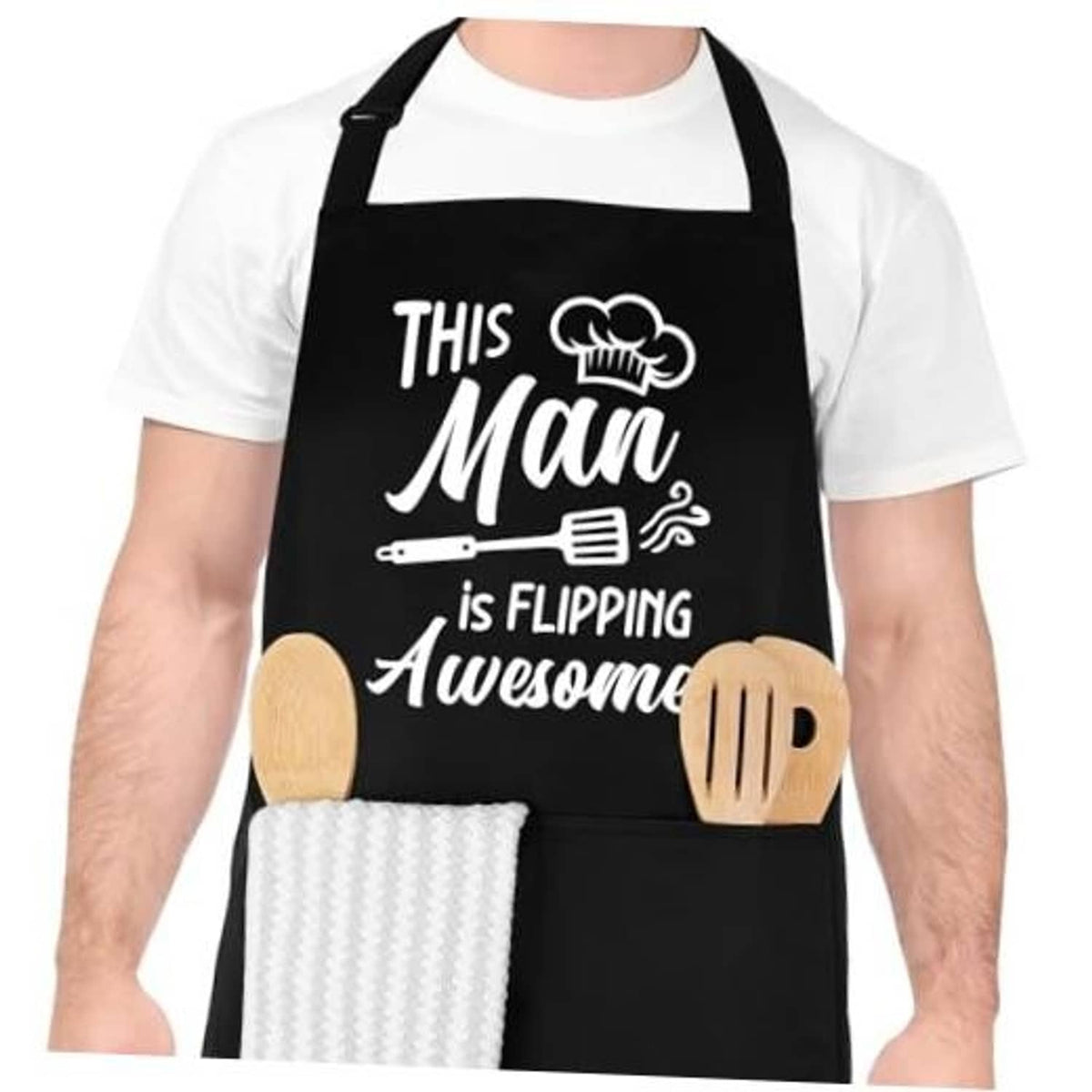 Black kitchen apron with adjustable neck strap and humorous 'This Man' print