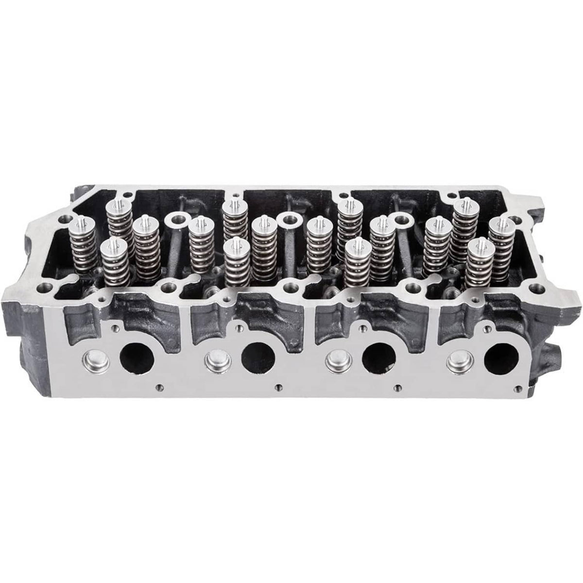 Engine cylinder head with valve springs and circular bolt holes, silver-gray cast metal.
