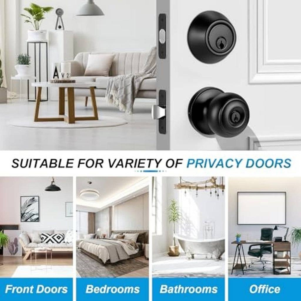 Matte black door knob and deadbolt lock set on an exterior-style door