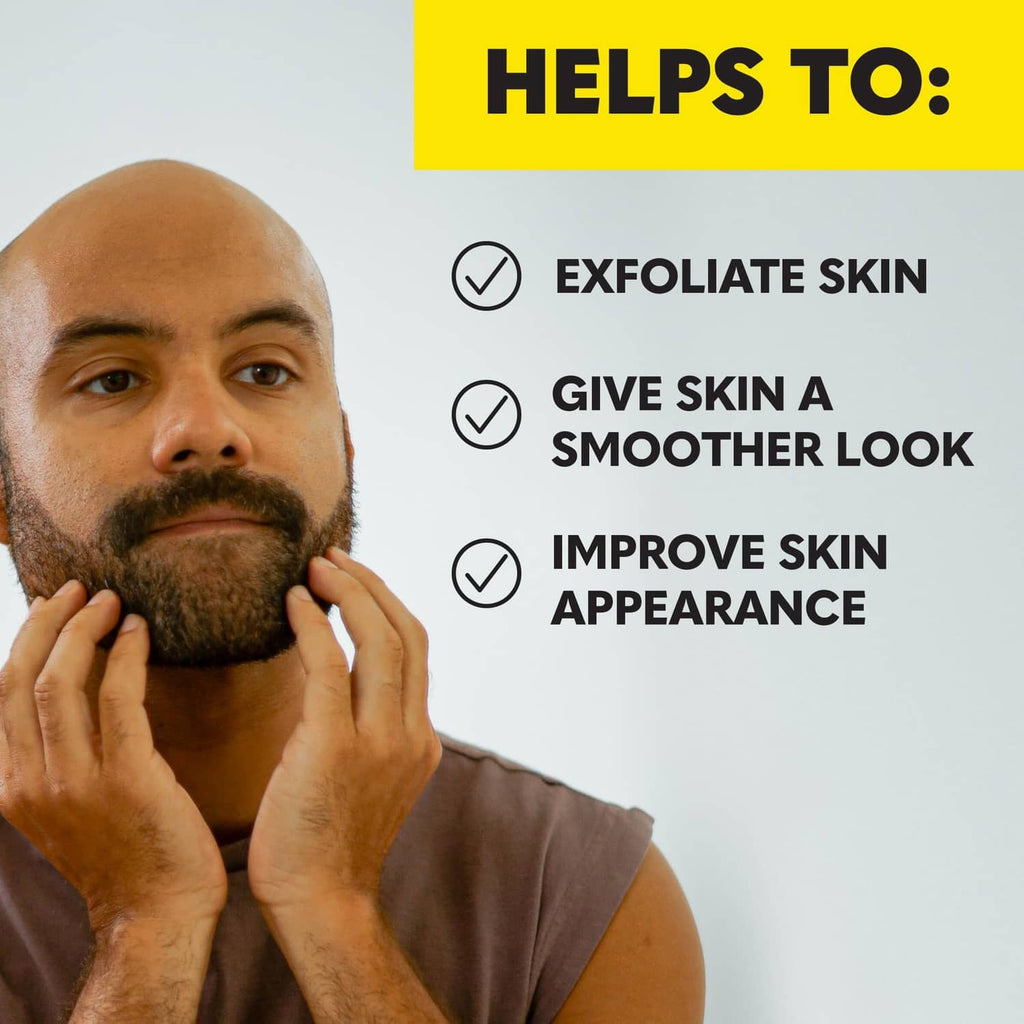 Beard grooming kit promotional graphic with man touching beard and benefit checkmarks