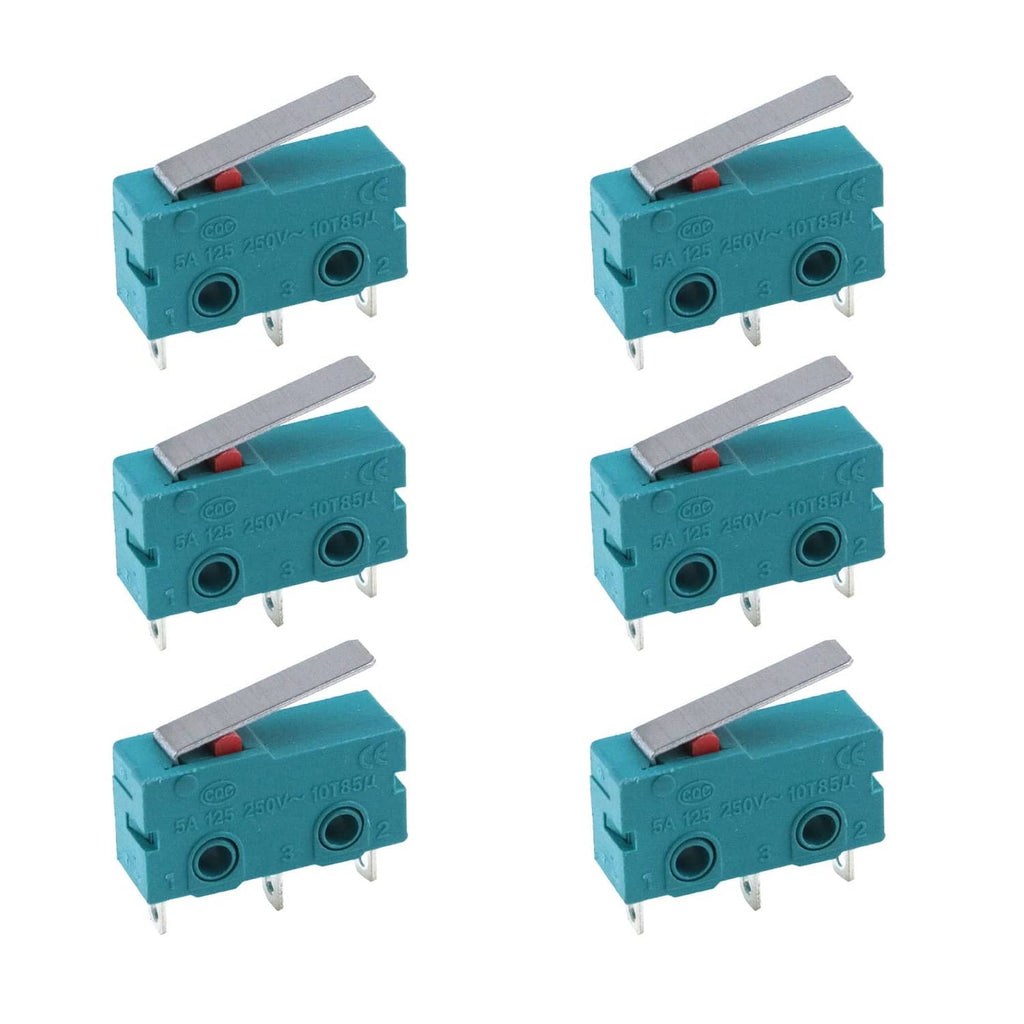 Set of 6 teal micro limit switches with hinge lever, 3-pin SPDT