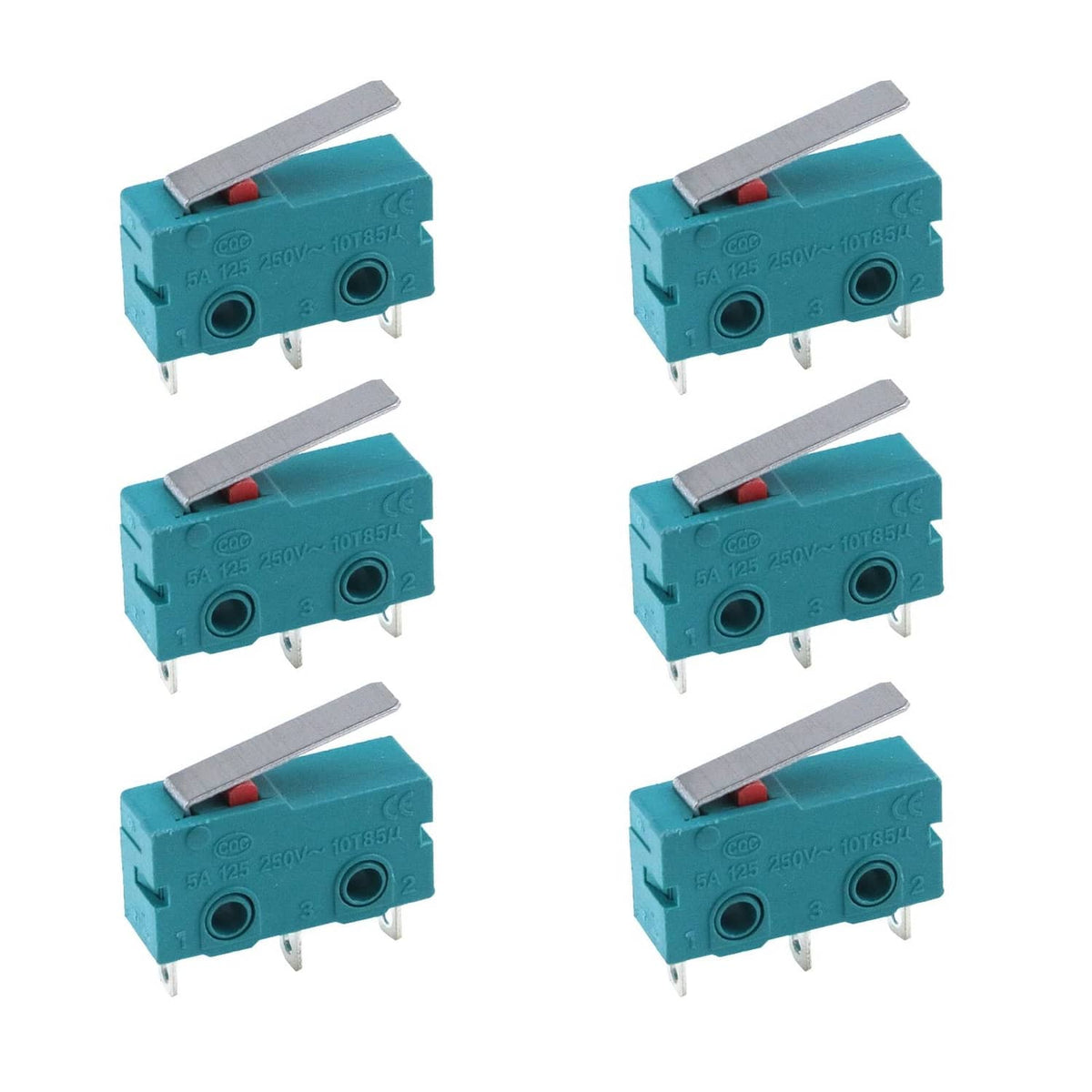 Set of 6 teal micro limit switches with hinge lever, 3-pin SPDT