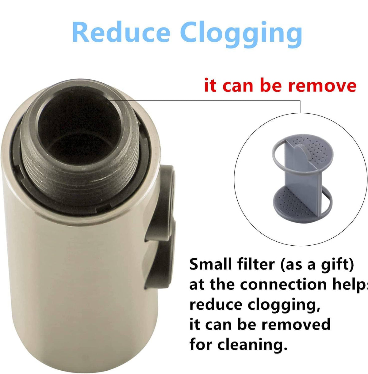Brushed nickel sprayer head with removable connection filter screen to reduce clogging