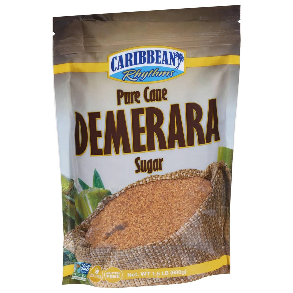 Pure cane demerara sugar pouch with demerara label and brown sugar granules