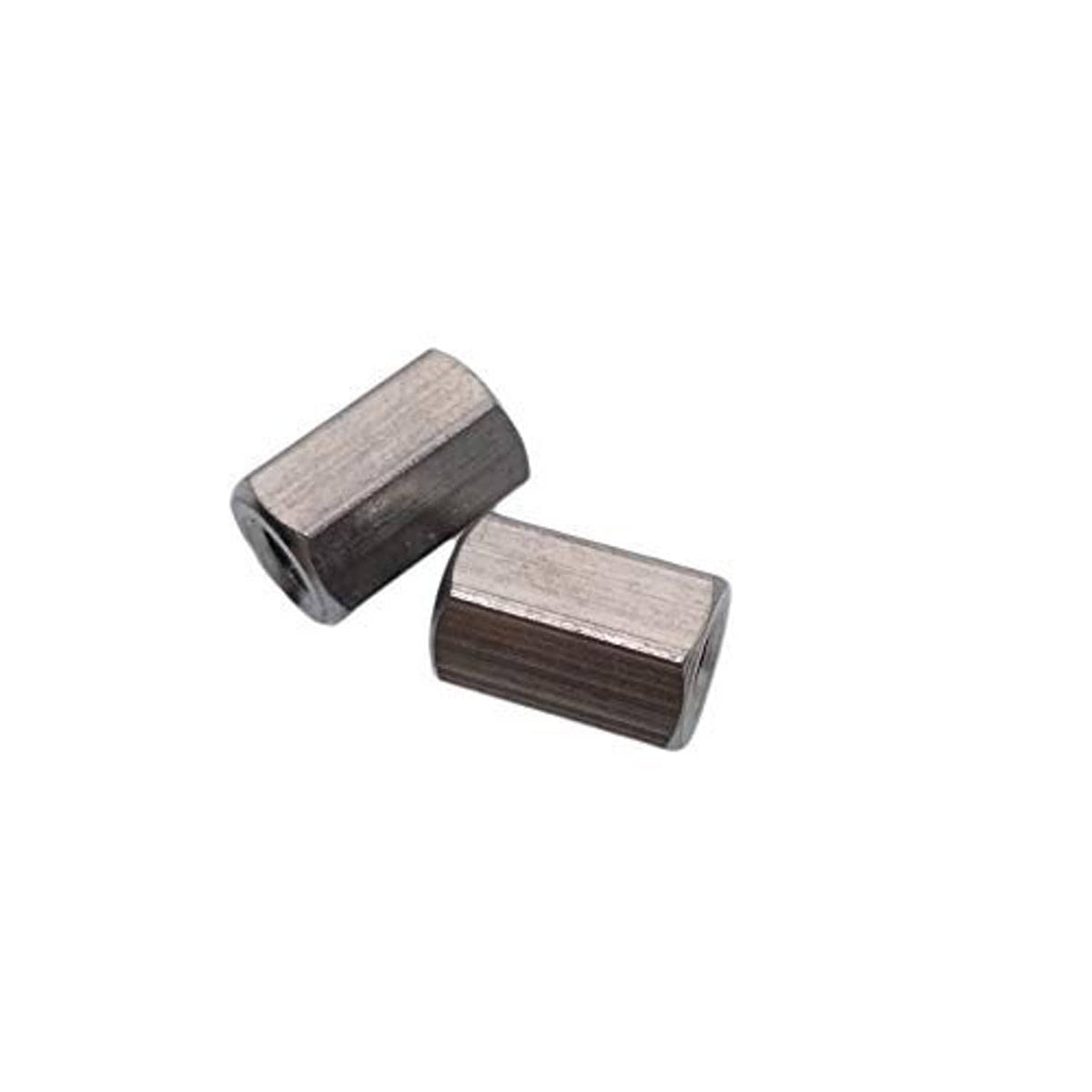 Hex coupling nuts, stainless steel, angled close-up of two threaded pieces