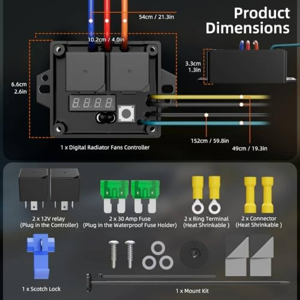 Digital radiator fan controller kit with control unit, relays, blade fuses, and mounting hardware