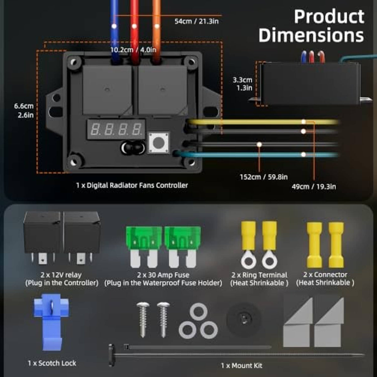 Digital radiator fan controller kit with control unit, relays, blade fuses, and mounting hardware