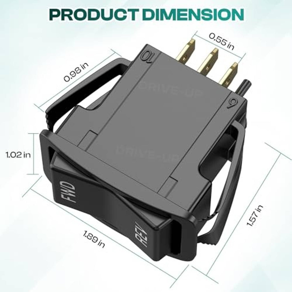 Forward/reverse rocker switch with gold connector pins, size diagram