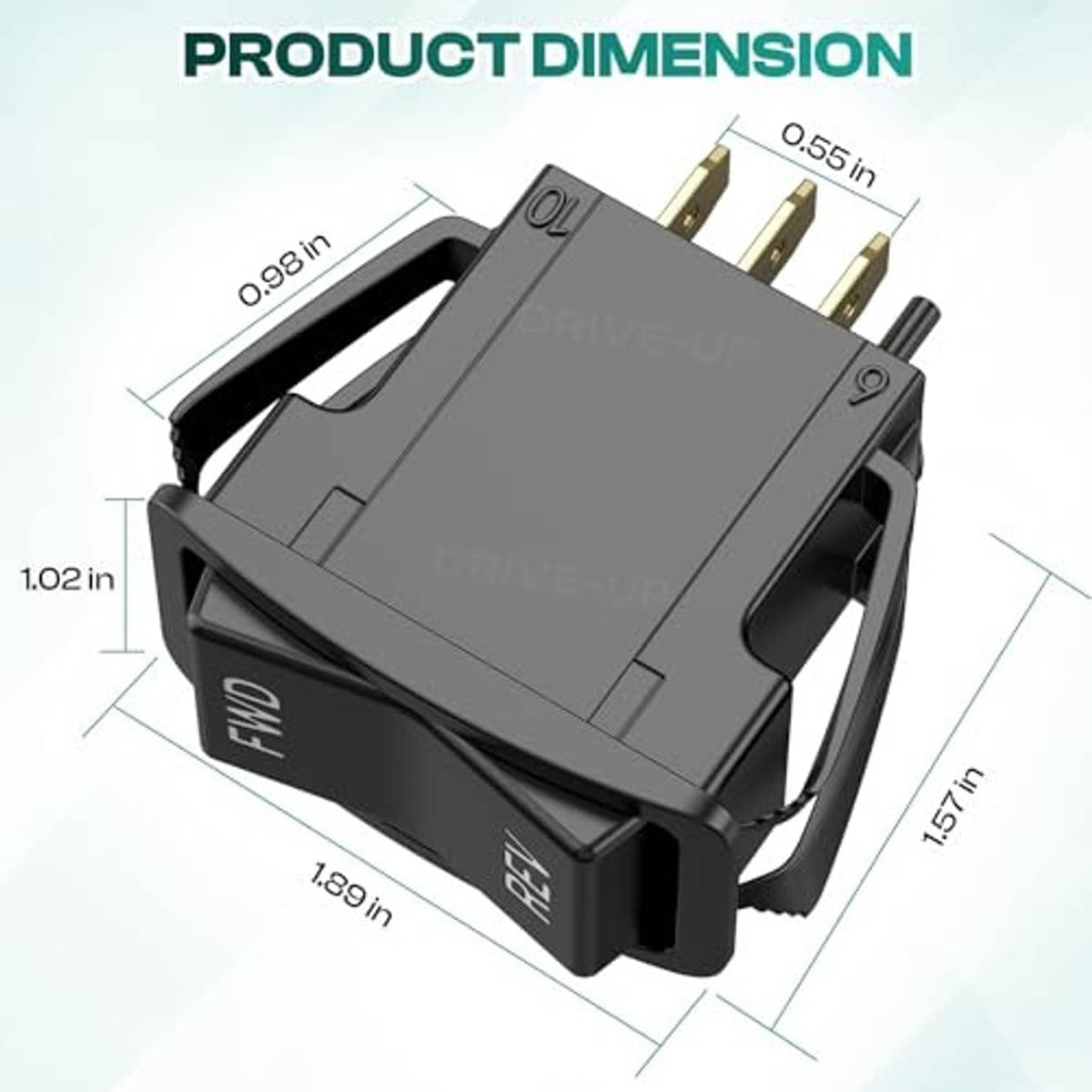 Forward/reverse rocker switch with gold connector pins, size diagram