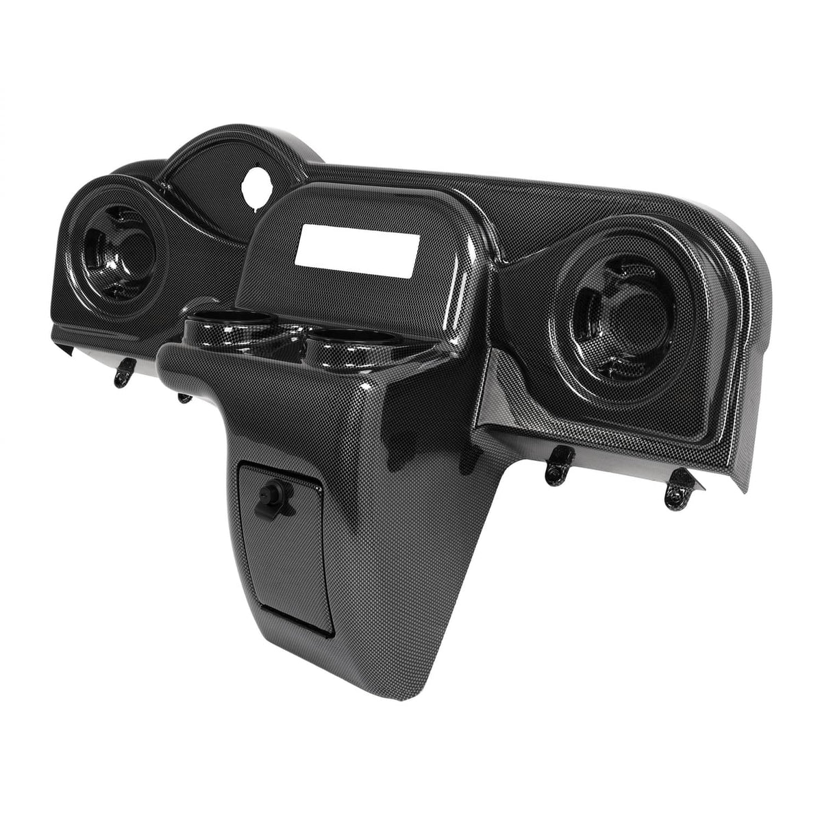 Golf cart dash cover with textured carbon fiber look, radio face, and speaker grille