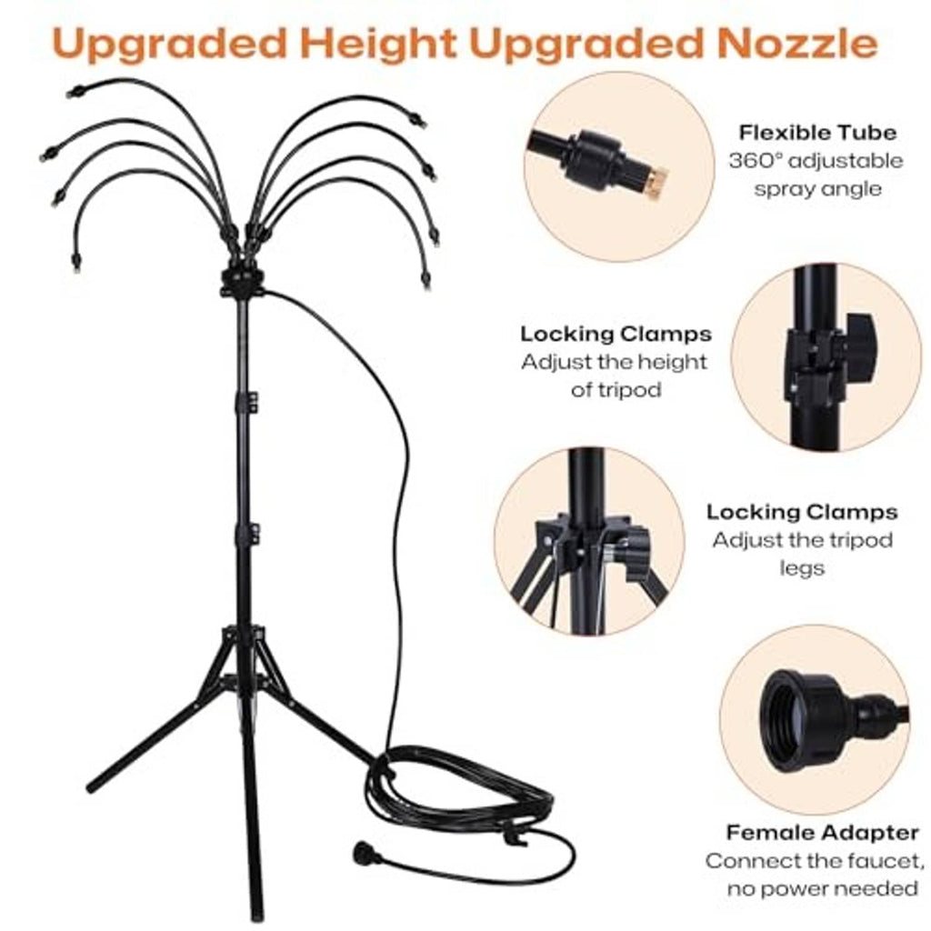 Tall adjustable misting tripod with flexible spray tubes and locking clamp legs