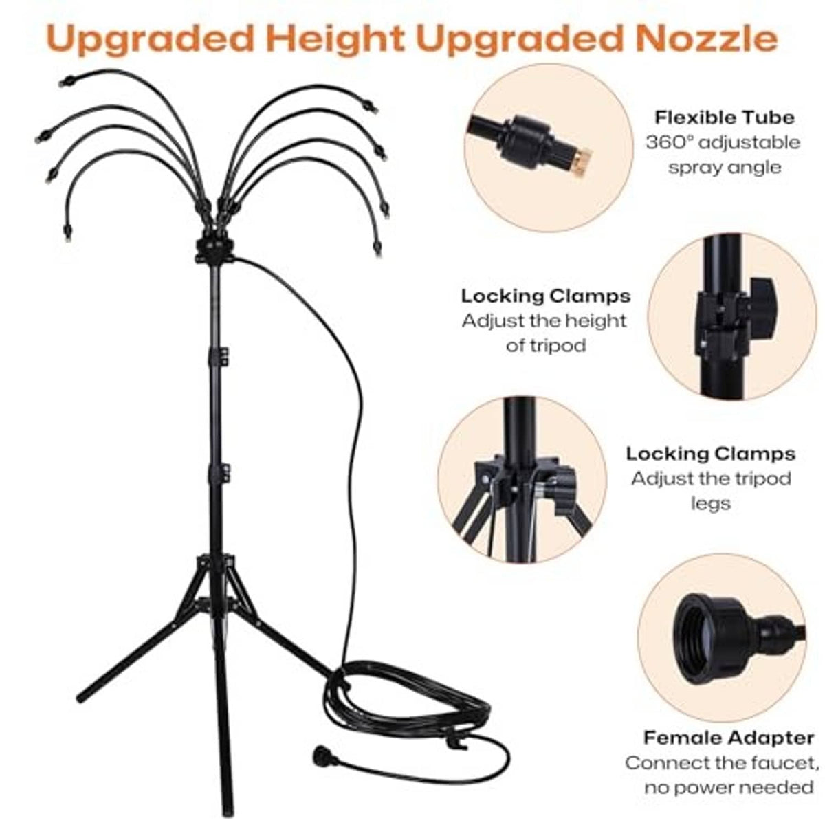 Tall adjustable misting tripod with flexible spray tubes and locking clamp legs