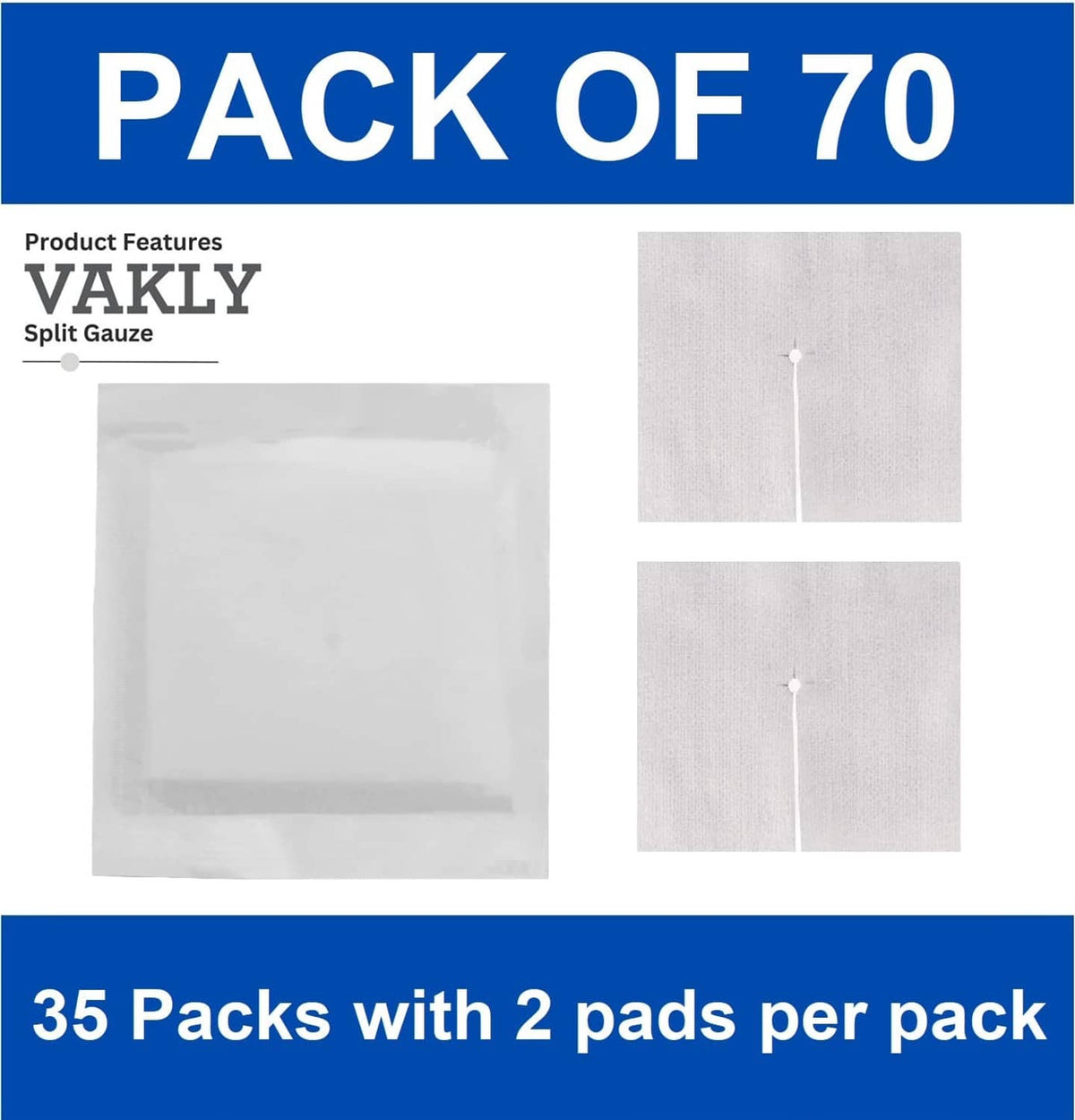 White split drain sponge gauze pads pack, sterile layered pads with center seam