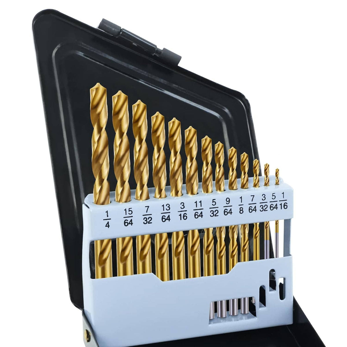Left-hand drill bit set in black case with 13 gold HSS bits and numbered holder strip