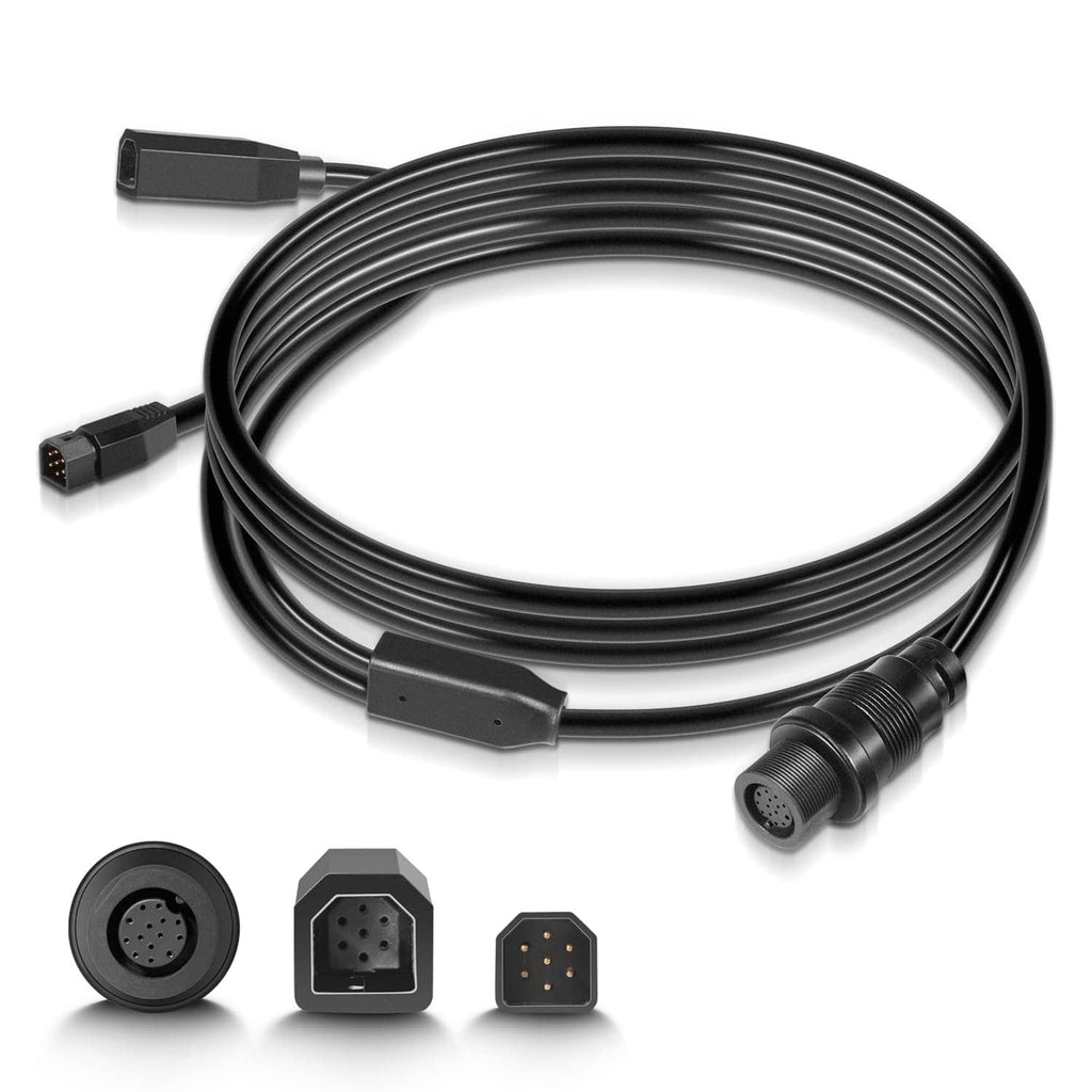 Black transducer adapter cable with multiple connectors and coiled 10ft length