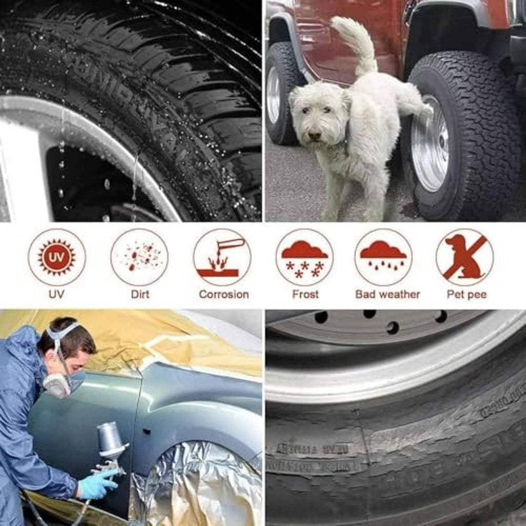 Tire cover protection icons for UV, dirt, corrosion, frost, bad weather, pet pee