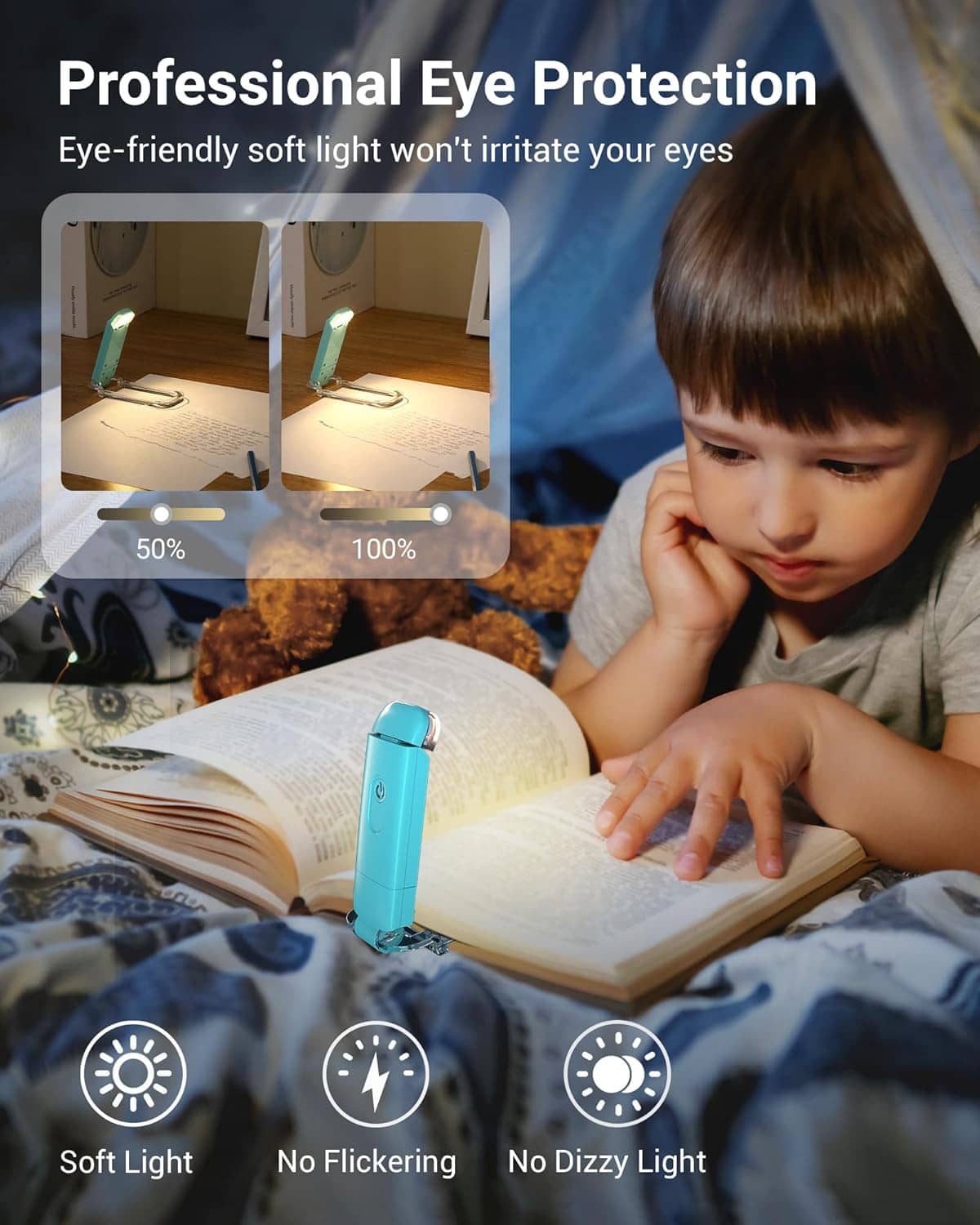 Turquoise clip-on LED book light shining on open book, soft light for reading.