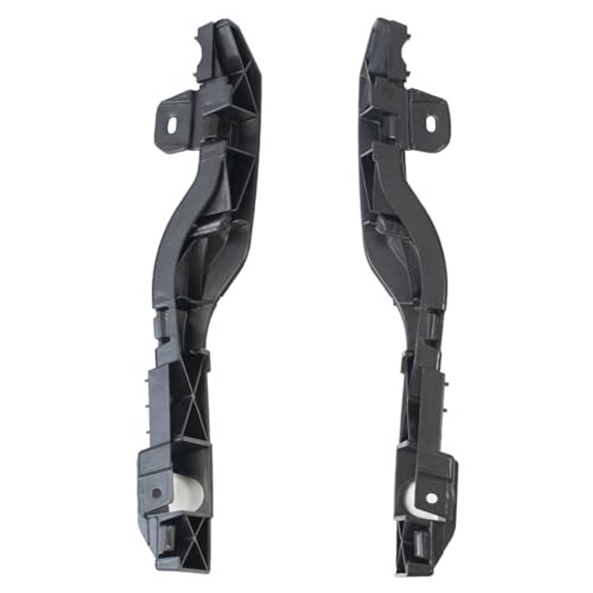 Front bumper bracket pair, black plastic brackets with metal mounting plate tabs