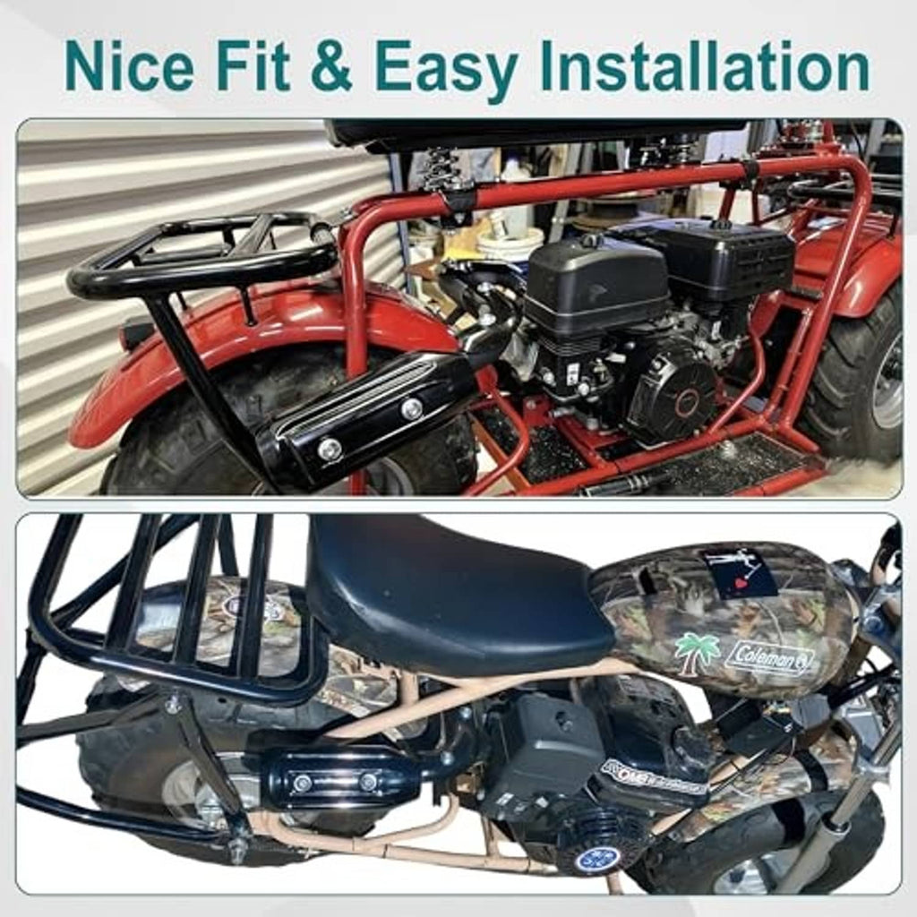 Exhaust muffler and pipe installed on a mini bike frame, black muffler