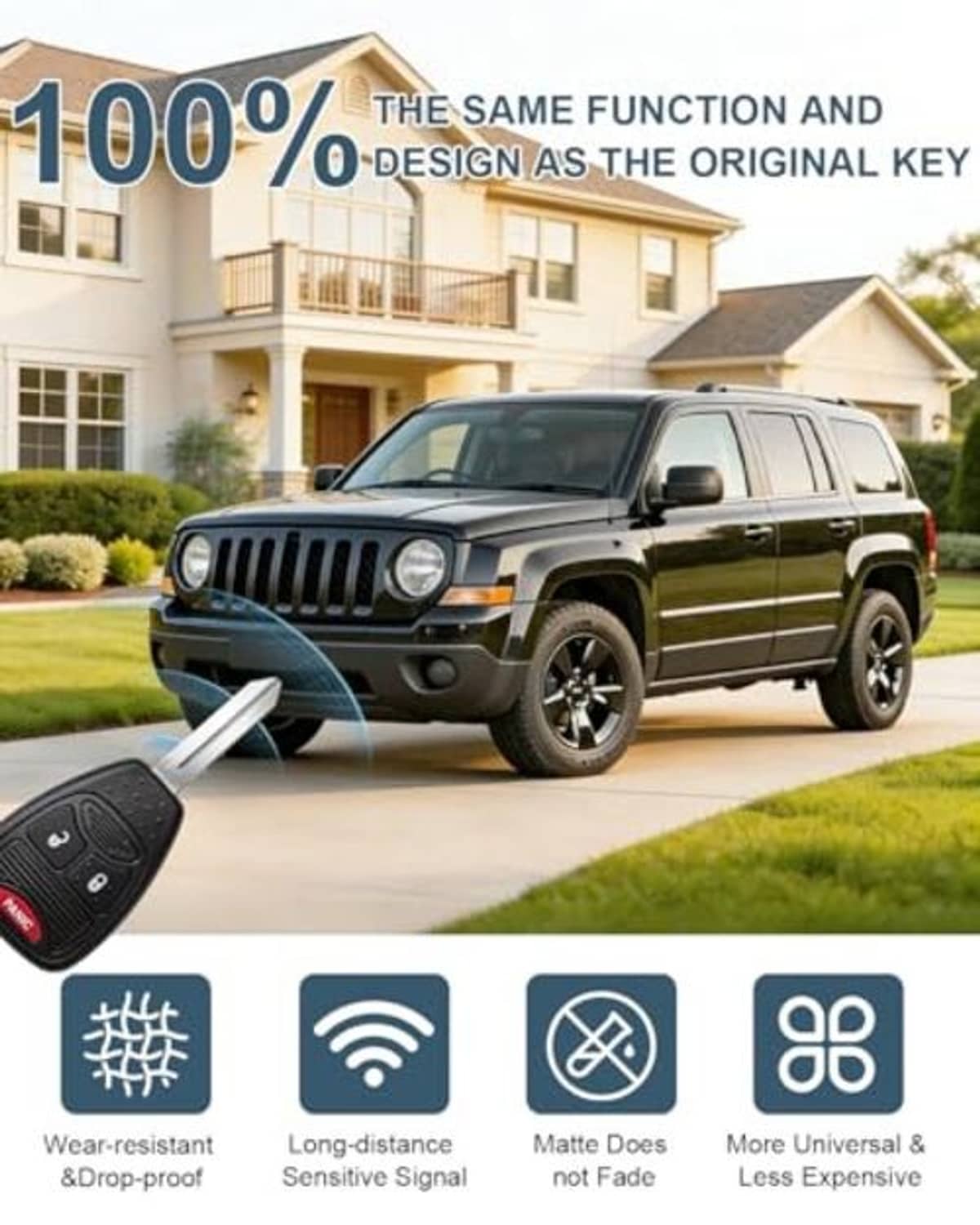 Black remote key fob held outdoors, metal blade extended and red Panic button visible