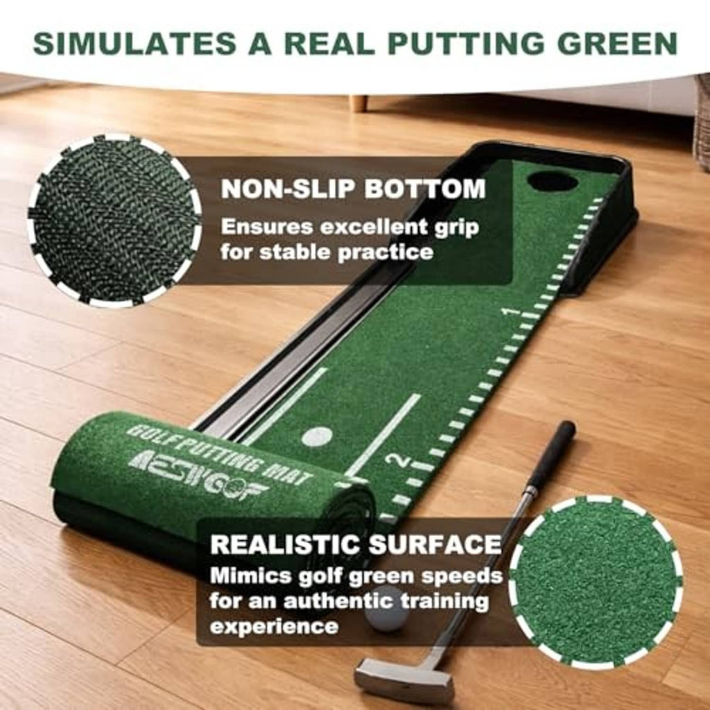 Green golf putting mat with non-slip bottom, ball-return ramp, and practice hole