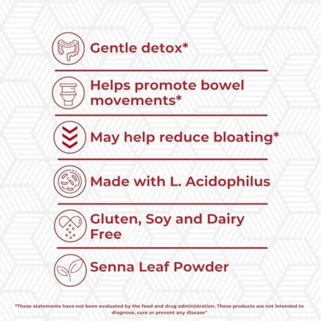 Detox supplement benefit icons: gentle detox, bowel movement, reduces bloating, L. acidophilus