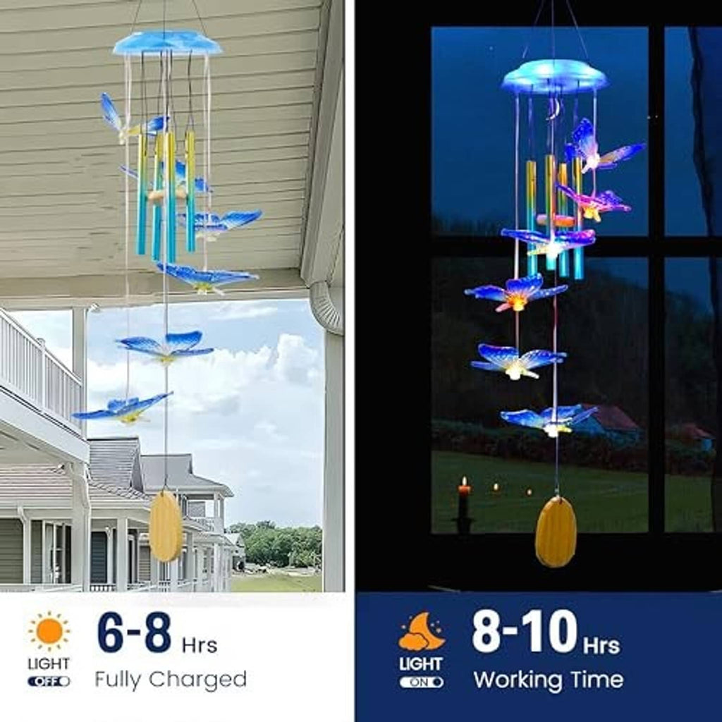 Outdoor blue butterfly solar wind chime with glowing lights and wooden wind catcher