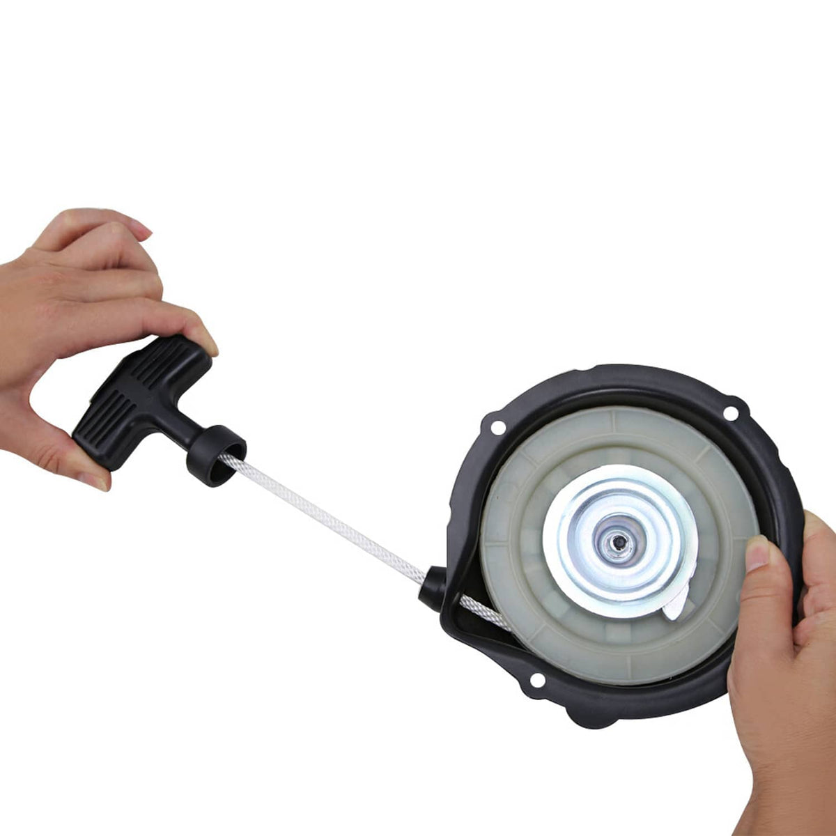 Recoil starter pull start kit with black housing, light pulley, and extended starter rope