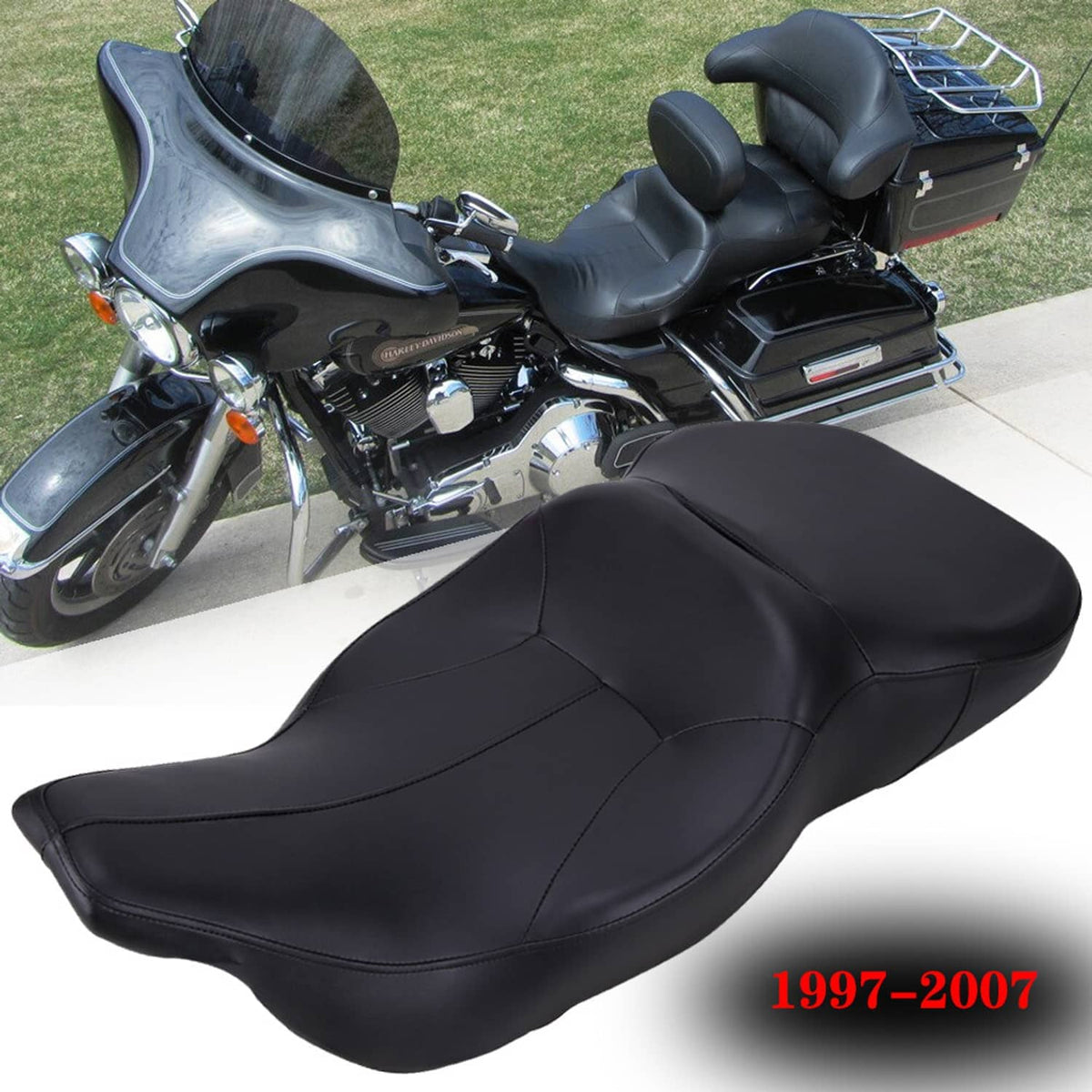 Black padded motorcycle seat set with contoured rider seating area.