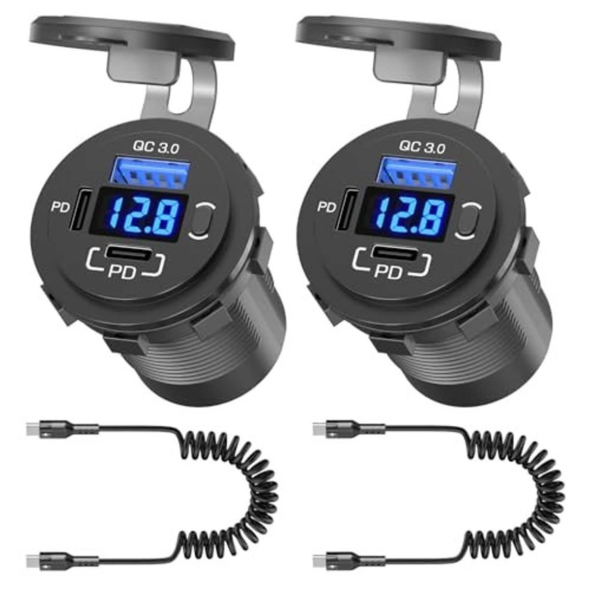 Black 3-port car USB-C charger with QC 3.0 and PD screen showing 12.8V, cable leads
