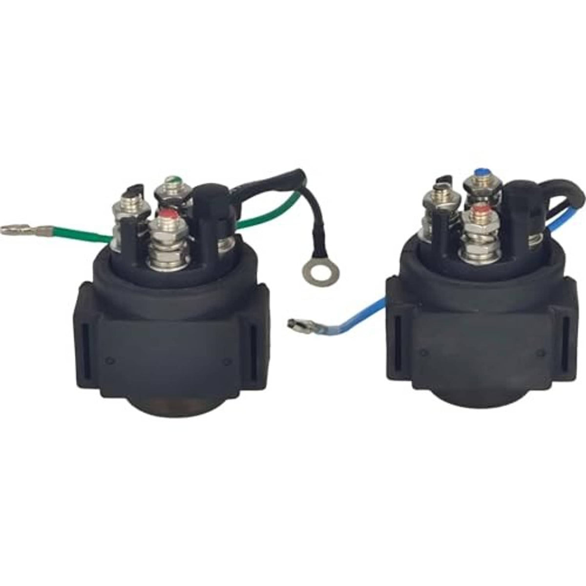 Power trim relay set with two black modules, stacked screws, and green/blue leads