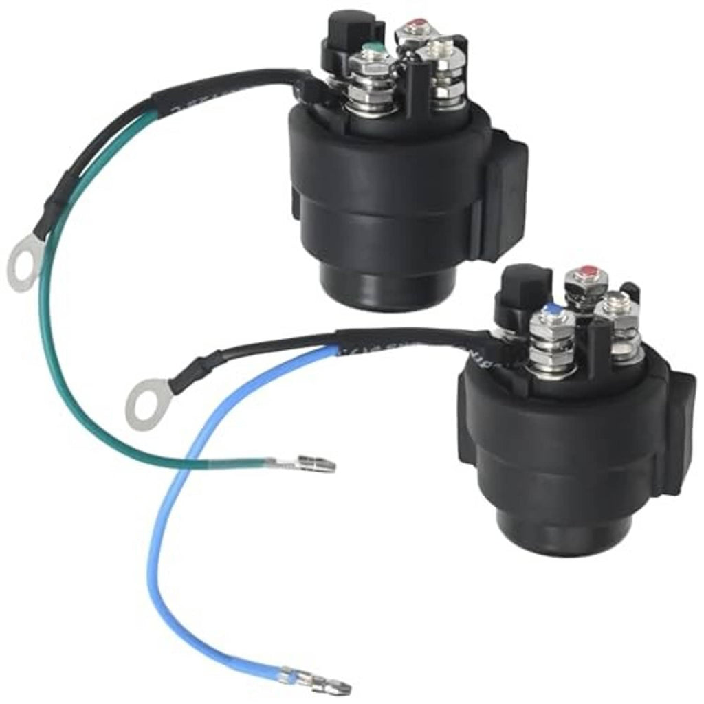 Pair of black relay solenoids with dual wire leads and top terminal posts