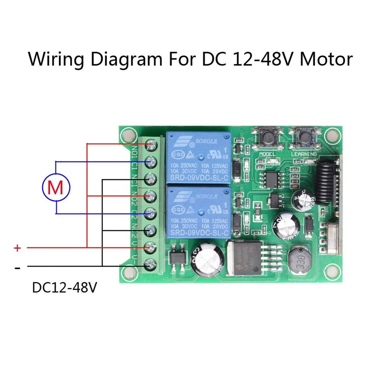 DC 12–48V wireless remote switch motor wiring diagram with connection lines