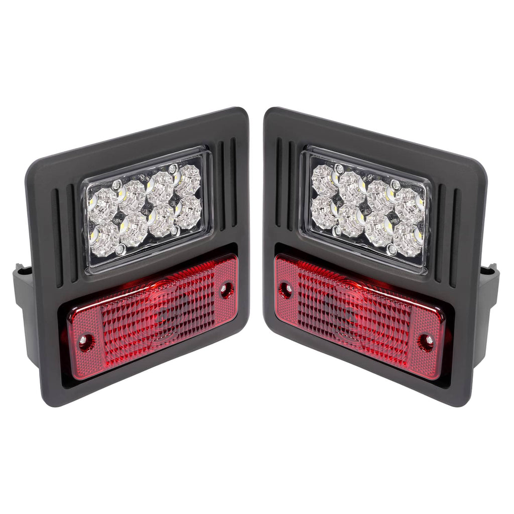 Two rectangular LED exterior light modules with red lenses and clear LED clusters in black housings