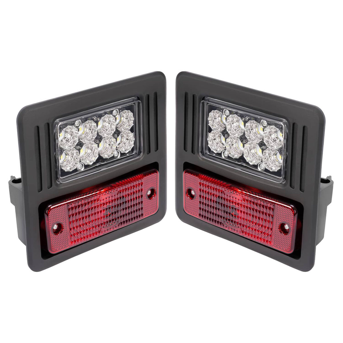 Two rectangular LED exterior light modules with red lenses and clear LED clusters in black housings