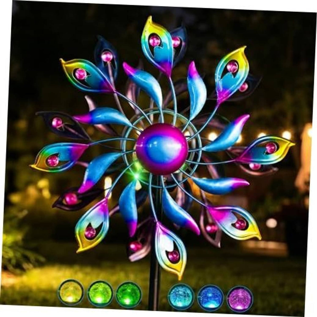Peacock wind spinner with bright LED bulbs and rainbow metal feather blades on a pole