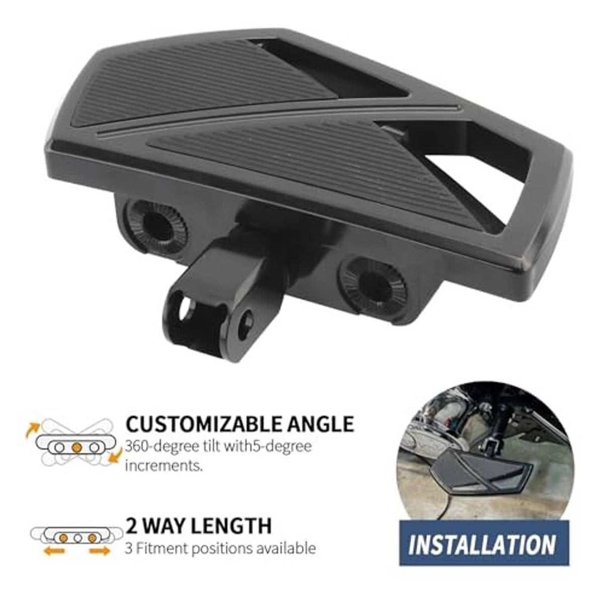 Black adjustable motorcycle foot peg floorboards with textured rubber top pads