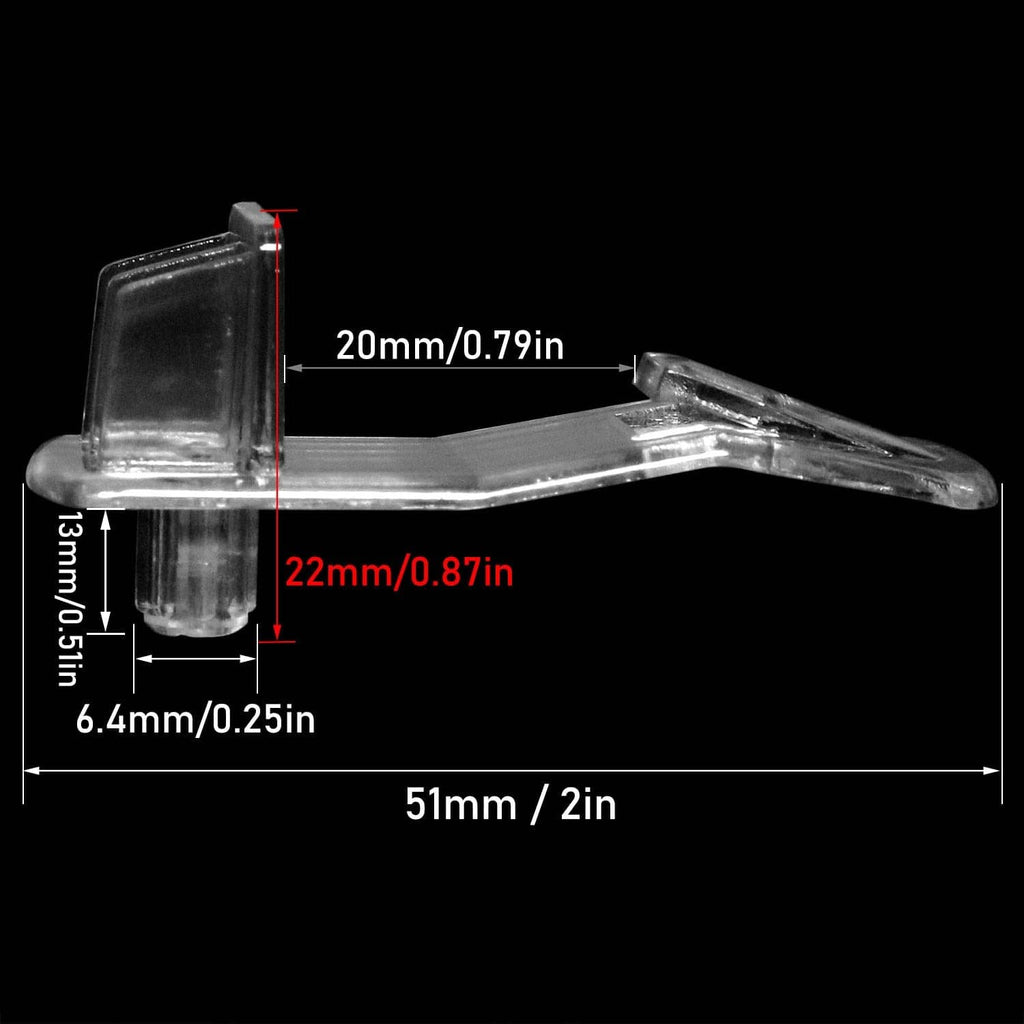 Clear plastic shelf support locking peg with prongs and tall back post