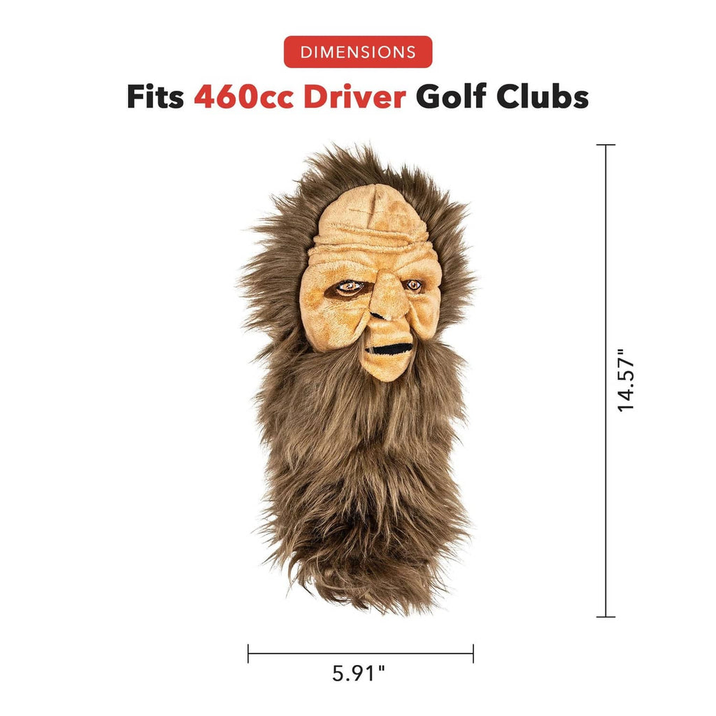 Sasquatch-style driver headcover with shaggy dark fur and tan, mask-like face