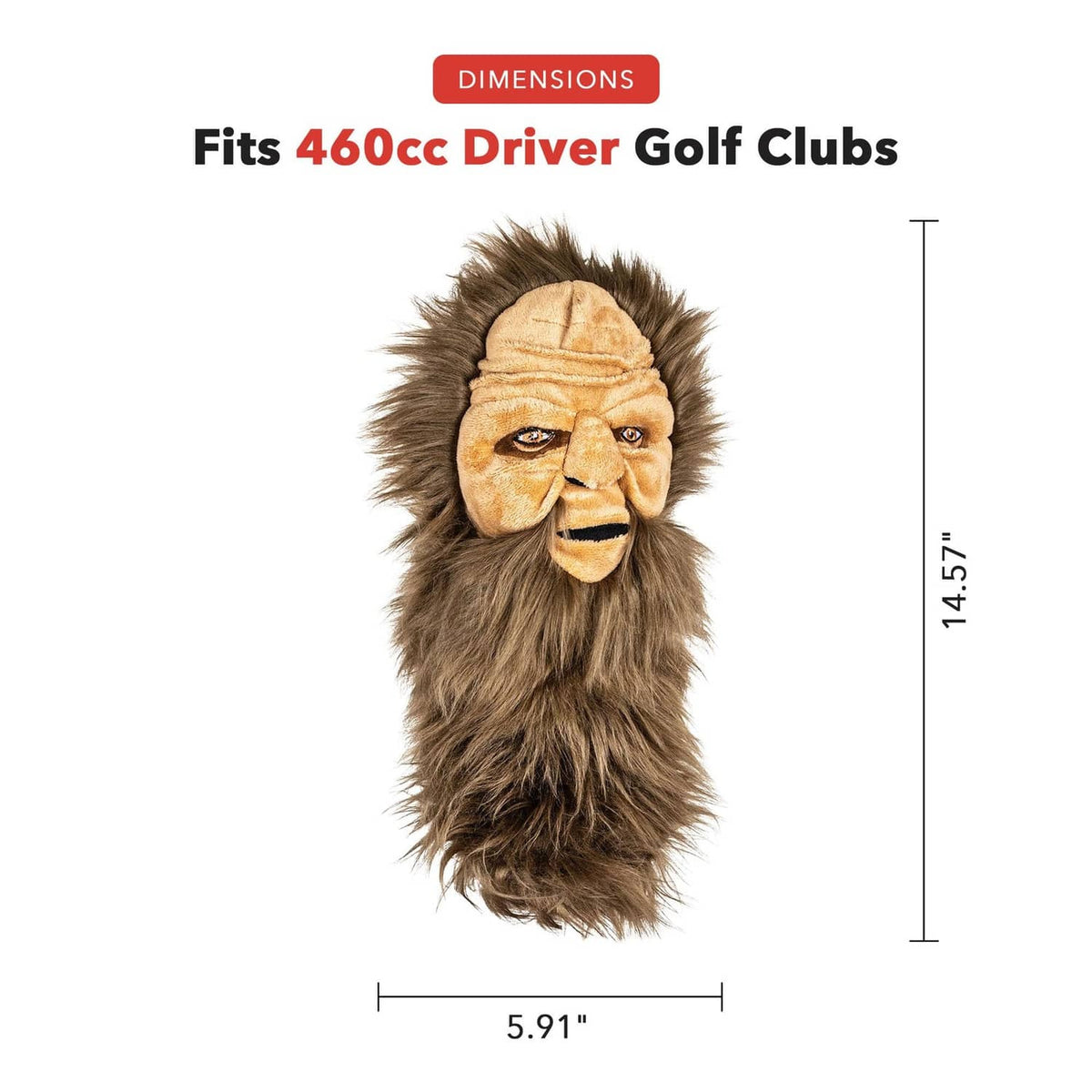 Sasquatch-style driver headcover with shaggy dark fur and tan, mask-like face