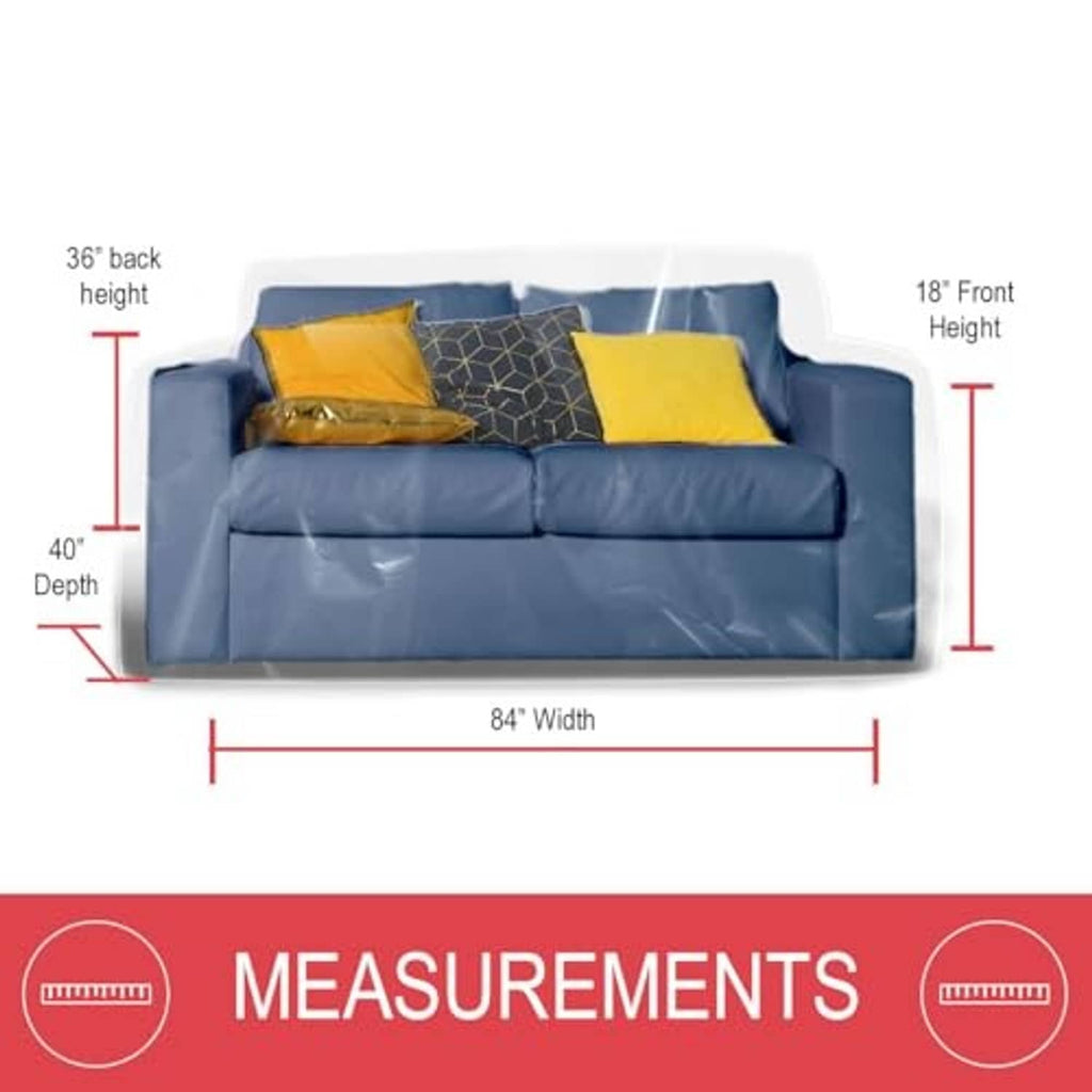 Clear vinyl loveseat cover with front height, depth, and width measurements