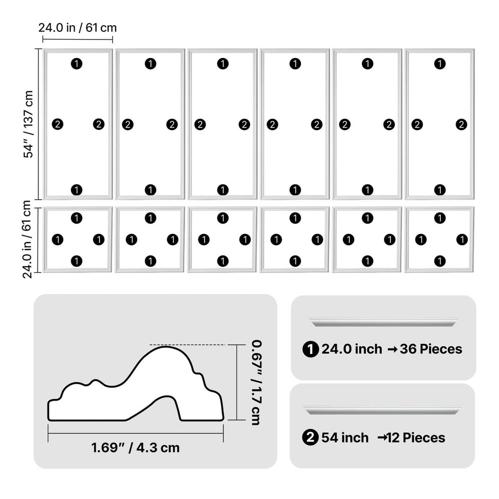 Wall molding set layout diagram with rectangular panel arrangement and piece counts